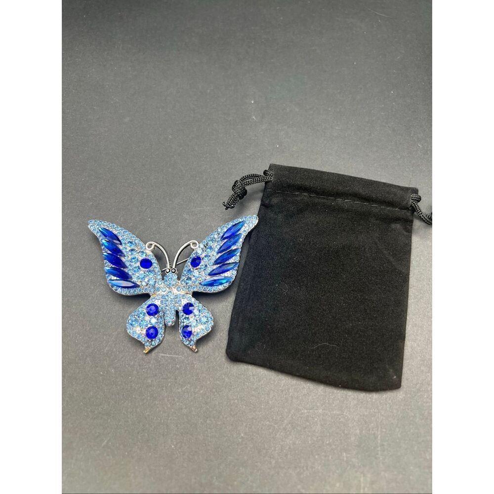 Light Aqua Dark Blue Silver Tone Rhinestone Butterfly Brooch